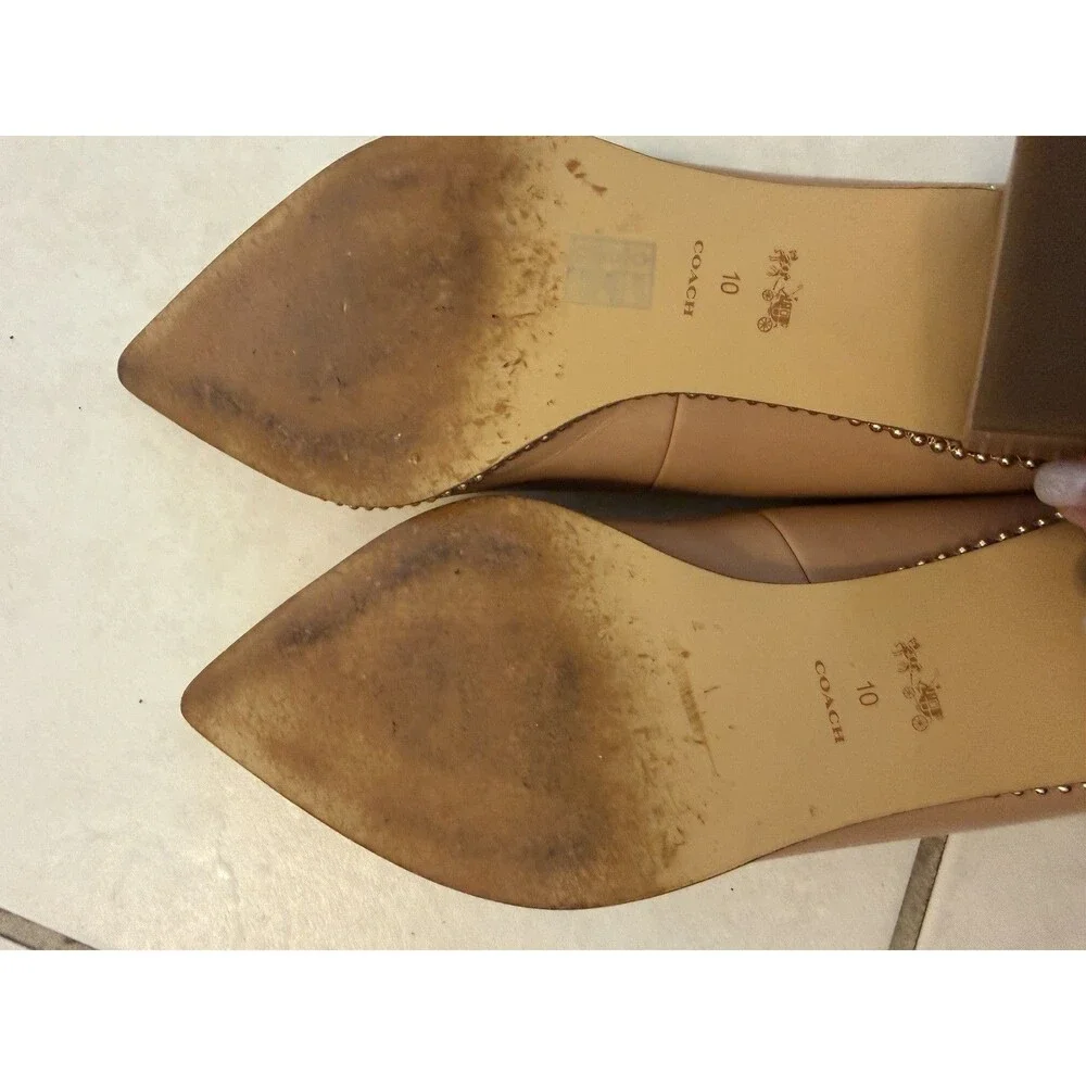 COACH Women’s Beige Pointed Toe Studded Trim Solid Slip-On Block Heel Pumps